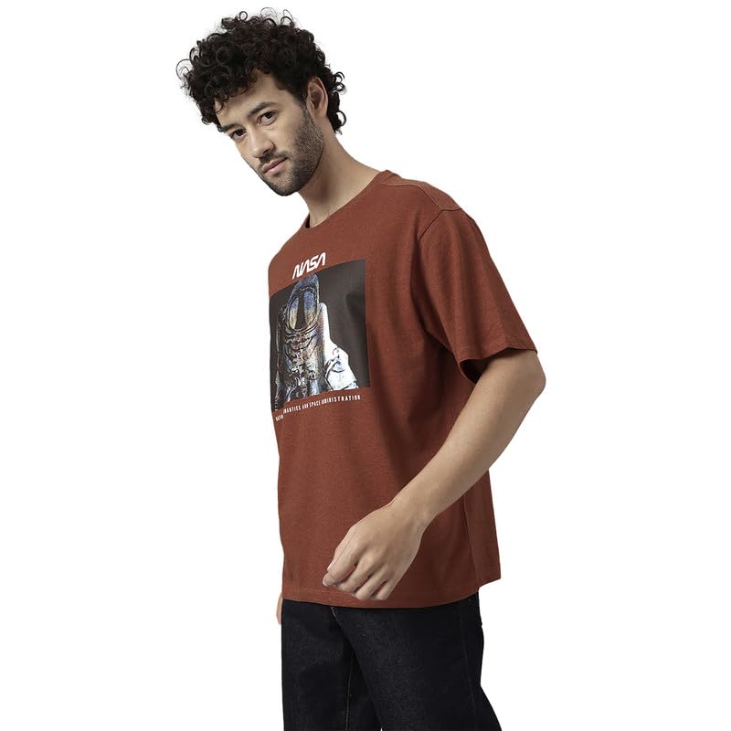 Image of Free Authority NASA Printed Loose Fit Brown Cotton Men's T-Shirt