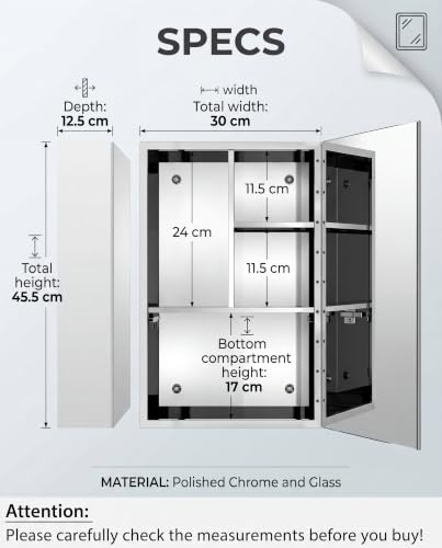 Image of Dropin (12x18 Inch, Chrome Finish 304 Stainless Steel Bathroom Mirror Cabinet, Heavy-Duty Wall Mounted Storage Cabinet with Separate Compartments