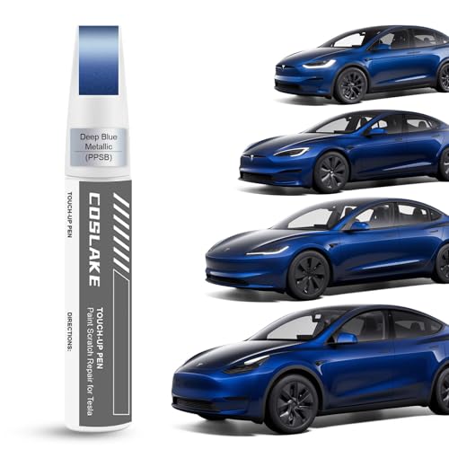 COSLAKE Car Touch Up Paint(Deep Blue Metallic(PPSB)) for Tesla Model Y/3/S/X, 2 in 1 DIY Car Paint Scratch Repair Kit with Pen Tip & Brush, Scratch Remover Pen with Color-Matched for Tesla