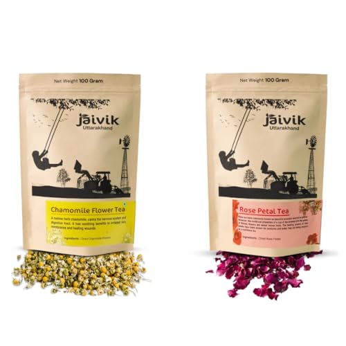 Image of Jaivik Uttarakhand - Chamomile Flowers, Rose Petals (100g Each), Unique Blend Crafted Loose Leaf Tea for Chai Lovers Across India, Combo (Pack of 2)