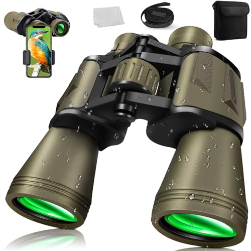 Prismáticos de 20 x 50 para adultos, HD con visión nocturna, prismáticos compactos con lentes FMC, tácticos impermeables para caza, senderismo, viajes de conciertos con prisma BAK4 con adaptador de