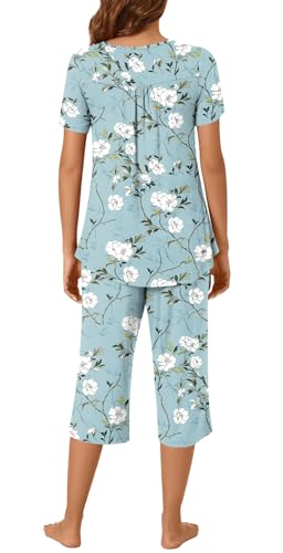 Image of Womens Summer Pajama Sets 2 Piece Short Sleeve Top and Capri Pants Plus Size Ladies Lounge Pjs Sets with Pockets