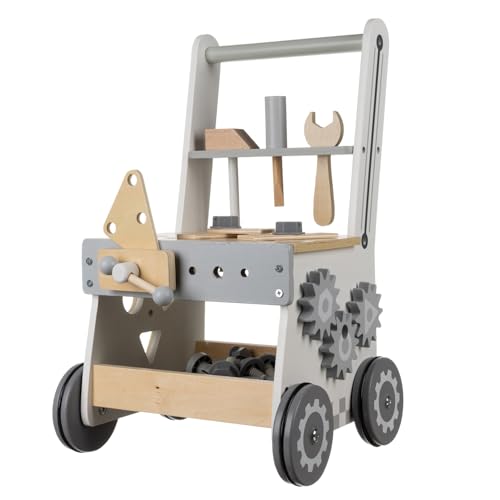 Banco de trabajo infantil de madera 3 en 1 – Taller de herramientas y almacenamiento, carro deslizante con ruedas silenciosas, juego de clasificación y tornillo de banco – a partir de 3 años – Bordes