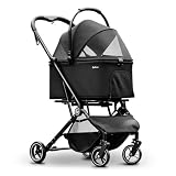 Pawccoli 4 Wheels Pet Stroller, Dog Stroller for Small/Medium Dogs and Cats up to 33 lbs, One-Click Fold & Draggable, Removable Carrier, Zipperless Entry, Mesh Windows, Black