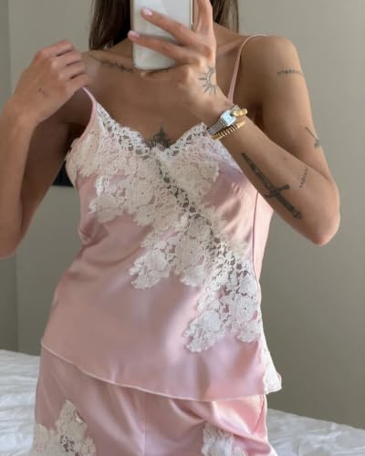 Image of Women Lace Trim Coquette Shorts Set Silk Satin 2Pcs Pajama Set Sleepwear