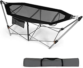 COSTWAY Folding Hammock with Metal Stand, Carrying Bag, Anti-Slip Buckle and Storage Pocket, Portable Travel Lounge Camping Bed, Outdoor Garden Patio Swinging Hammock (234 x 83 x 89cm, Black)