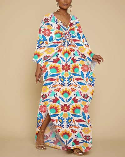 Image of Bsubseach Women Floral Print Kaftan Dresses Plus Size Bathing Suit Cover Up Moo Moos Caftan Beach Dress for Swimwear Summer
