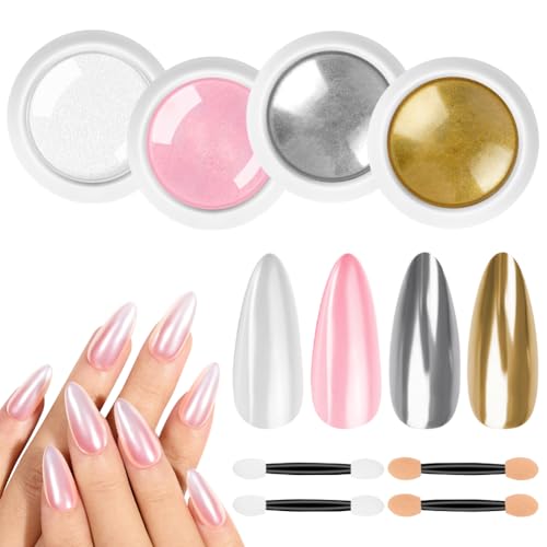BUTBU Chrome Nail Powder, 4 Colors White Pearl Nail Chrome Powders, Metallic Mirror Effect Pigment Nails Powder, Aurora Pearlescent Powders Glitter for DIY Nail-Art Design Decoration (Set A)