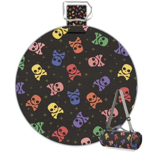 Shimoshe Colorful Pirate Skull Print Picnic Outdoor Blanket Foldable Waterproof Sandproof Beach Blanket Portable Water-Resistant Round Picnic Mat for Travel Camping Park Lawn