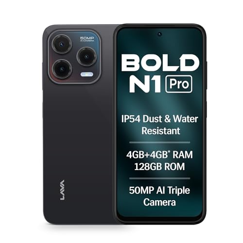 Lava Bold N1 Pro (Stealth Black, 4 GB RAM, 128 GB Storage)| Bigger 6.67' HD+ IP54 Display | 120 Hz Refresh Rate | 50 MP AI Triple Rear Camera | 8 MP Front Camera| 5000 mAh Battery| Charger in Box