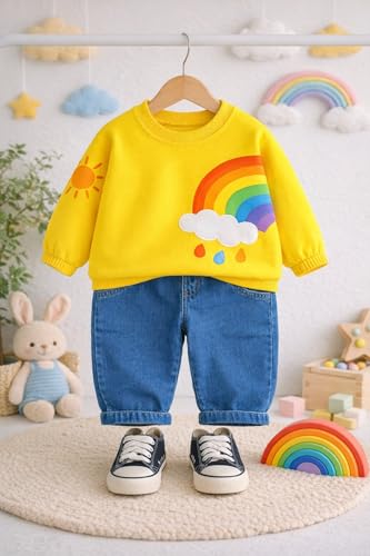 Image of Googo Gaaga Printed Sweat Shirt with Denim Pant for Boys - Cotton Clothing Set for Baby Boy | Soft Fabric Full Sleeves Sweat Shirt | Regular Fit Kids Outfit | Rainbow (18-24M)