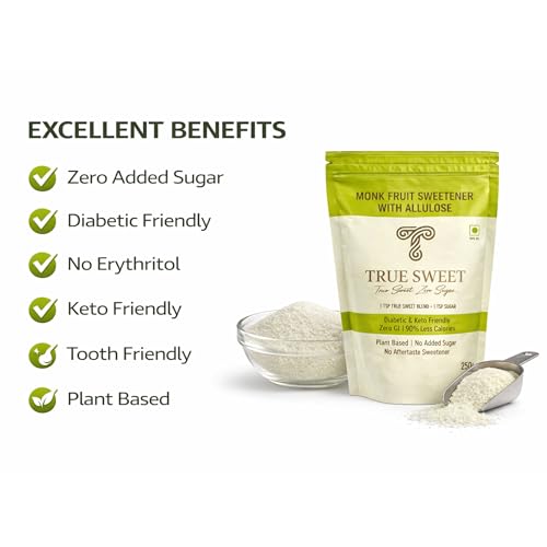 Image of True Sweet Co. : Monk Fruit Sweetener without Erythritol | No Erythritol | Allulose Sweetener | Sugar Replacer | Zero Calorie, Keto & Diabetes Friendly | for Beverages, Baking & Desserts | 250g