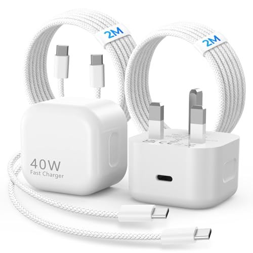 USB C Charger for iPhone 17/16/15 40W Fast Charger USB C Plug with 2M/6FT Type C to C Cable UK Wall Phone Power Adapter for iPhone 17 Pro/17 Pro Max/Air/16 15 Pro Max for iPad Pro/Air/Mini-2 Pack