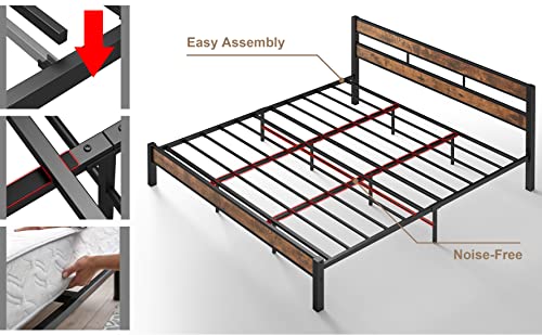 Likimio King Bed Frame, Easy Assembly, Noise-Free, No Box Spring Needed, Heavy Strong Metal Support Frames, Double-Row Support Bars, Vintage Brown #TOP7