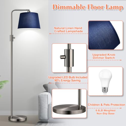 Image of Nintiue Dimmable Floor Lamp, 1000 Lumens LED Edison Bulb Included, Brushed Nickel Arc Standing Tall Floor Lamp with Blue Shade for Living Room Bedroom Office Dining Room