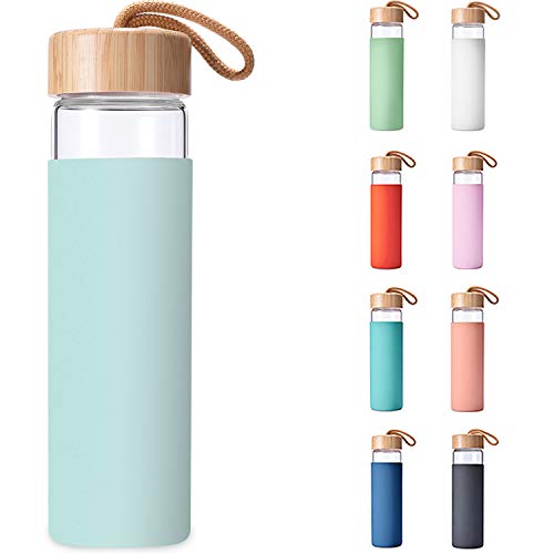 Yomious 20 Oz Borosilicate Glass Water Bottle with Bamboo Lid and Silicone Sleeve