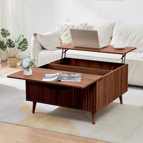 Image of Lift Top Coffee Table with Storage, Square Coffee Tables with Lifting Top and Hidden Compartment, Mid Century Modern Fluted Center Table for Living Room, Home Office, Studio, Walnut