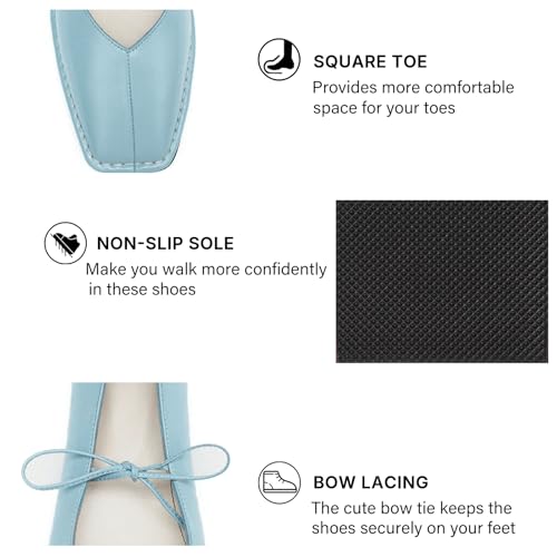Image of Lace up Ballet Flats Women Square Toe Mary Jane Flats Bow Slip On Comfortable Ballerina Shoes