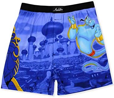 Disney Aladdin Genie Jafar Mens Briefly Stated Boxer Lounge Shorts (Medium, Blue/Multi)