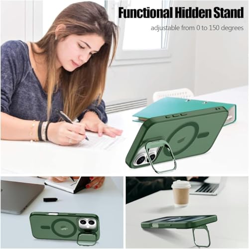 Image of Elzzi Translucent Matte Kickstand Case for iPhone 17, Built-in Adjustable Camera Stand, Translucent Matte Magnetic Mag-Safe Shockproof Phone Cover (Green)
