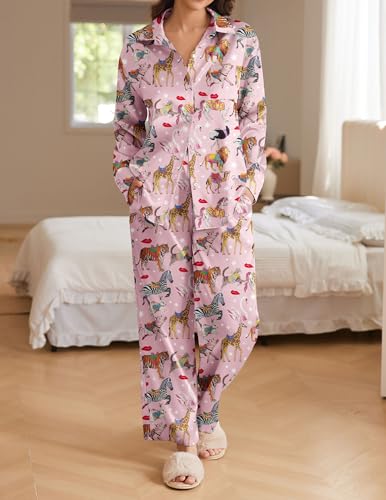 Ekouaer Womens Satin Silky Pajama Set 2 Piece Print PJs Soft Loungewear Button Down Sleepwear with Elastic Waist Long Pants