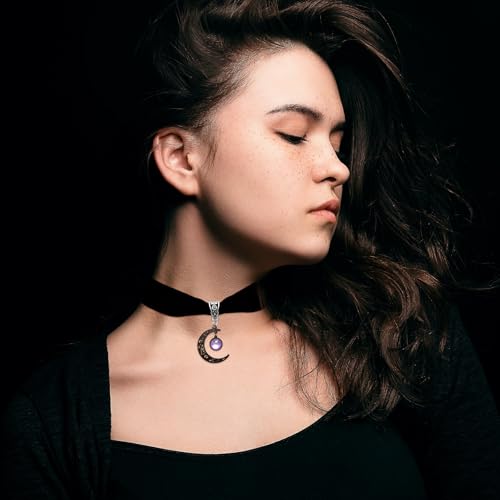 Gothic Black Velvet Moon Crystal Choker Necklace for Women,Black Choker Moon Necklace Vintage Punk Crescent Necklaces Goth Jewelry Witch Costume Accessories4
