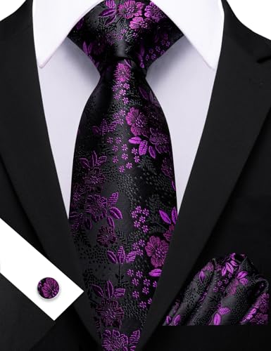 Image of Barry.Wang Flower Ties for Men Handkerchief Cufflinks Set Wedding Necktie Set Party