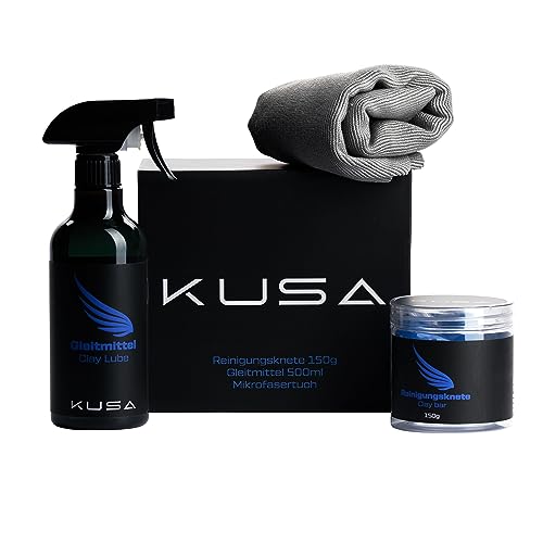 KuSa Reinigungsknete Set - Tiefenglanz für Deinen Lack - 150g Lackknete, 500ml Gleitmittel + Mikrofasertuch - Exklusive Reinigungsknete - Clay Bar Auto, Auto Knete, Lack Knete