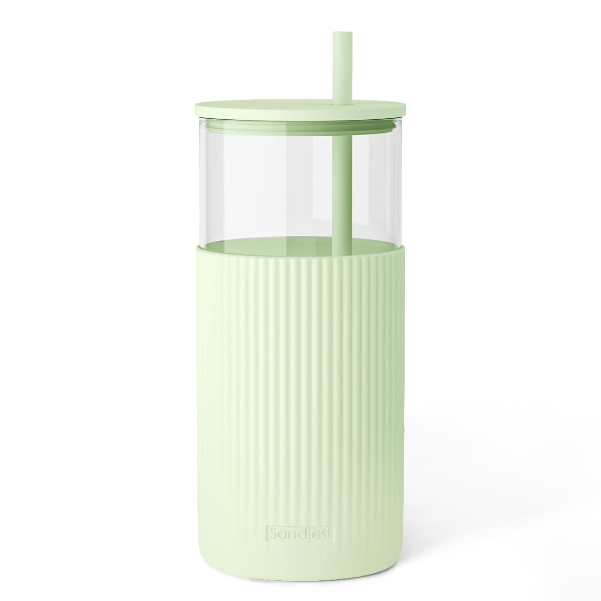 SANDJEST Glass Water Bottle with Silicone Sleeve 20oz, Glass Tumbler with Straw and Lid, Smoothie and Iced Coffee Cup, Gifts for Women Teen Girls Birthday Christmas (Soft Mint)
