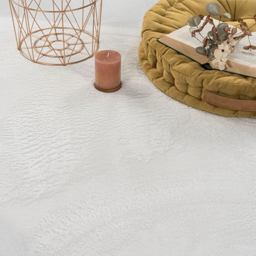 TT Home Wohnzimmer Teppich Hochflor Langflor Kunstfell Weich Modern Unifarben Flauschig, Farbe:Weiß, Größe:160 cm Rund