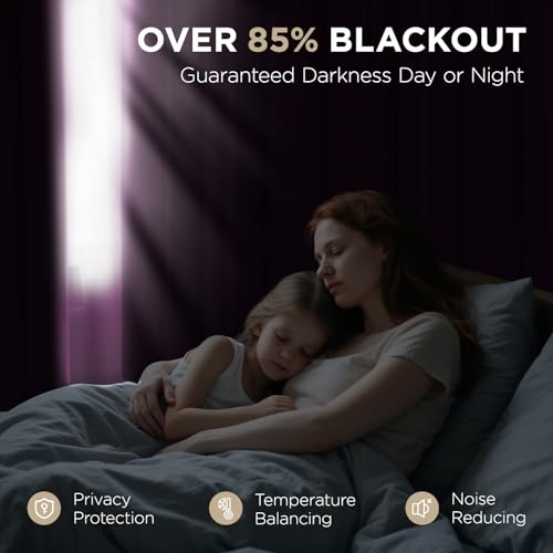 Image of Joydeco Blackout Curtains for Bedroom 46 x 54 Inch, Eyelet Thermal Insulated Energy-saving Drapes for Room Darkening Light Filtering, Short Window Treatments 54 Inch Drop, 2 Panels - Dark Purple