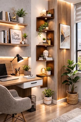 Image of 5-Tier Zigzag Corner Wall Mount Shelf, Modern Wooden Floating Corner Shelf, Space Saving Wall Storage for Living Room, Bedroom, Office, Books, Plants, Decor (Brown, 5)