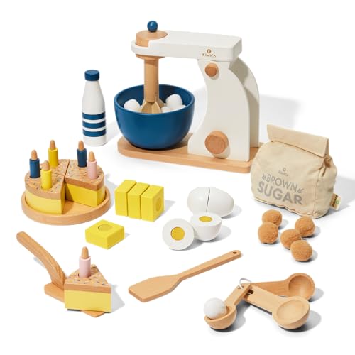 Image of KiwiCo Bake-a-Cake Stand Mixer | Play Kitchen | Kids Baking Gift Set Ages 3+ | Learn Early Math with Wooden Play Set | Includes Ingredients, Mixer, Measuring Spoons & Recipe Cards