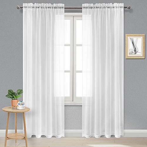 DWCN White Sheer Curtains Semi Transparent Voile Rod Pocket Curtains for Bedroom