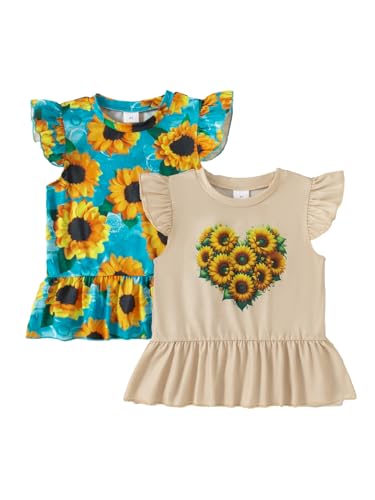 Little Girls Ruffle Short Sleeve Sunflower T-Shirts Crewneck Kids Tee Tops 2 Packs Girl Summer Outfit Clothes