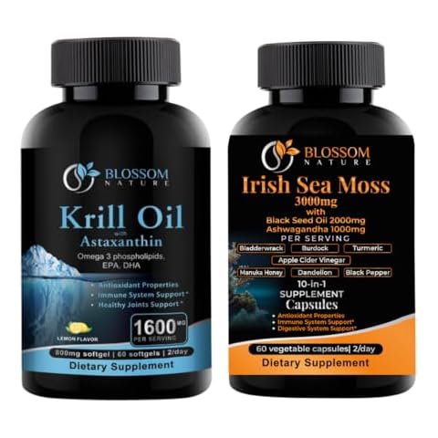 Blossom Nature Antarctic Krill Oil 1600mg with Astaxanthin and Irish Sea Moss 3000mg with Black Seed Oil and Ashwagandha Cover