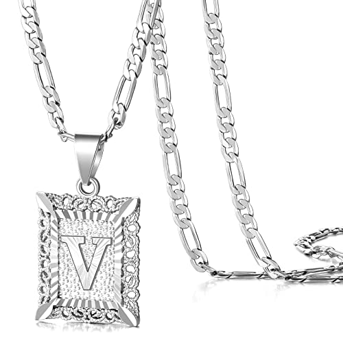 KissYan Initial Letter Pendant Necklace for Men Women, White Gold Plated Square Capital Monogram Necklace Alphabets from A-Z Figaro Chain Jewelry (White Gold V)