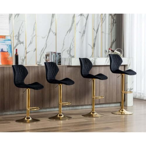 Image of Dream Furnishing - Set of 2 Bar /Kitchen Chairs 360 Degree Rotatable Swivel Elegant Classy & Comfortable Chair with Golden Base and Velvet Fabric (2 Chairs) (Black Model 2)