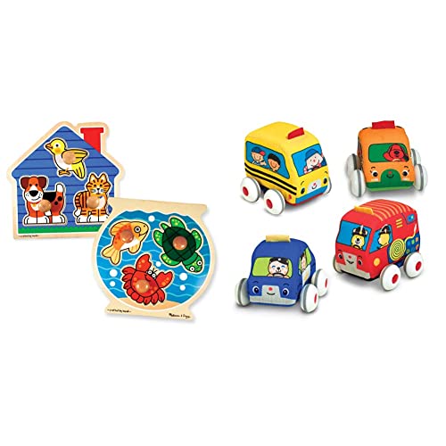 Melissa & Doug Animals Jumbo Knob Wooden Puzzles Set - Fish And Pets - Chunky Wooden Puzzles & K's Kids Pull-Back Vehicle Set - Soft Baby Toy Set With 4 Cars And Trucks And Carrying Case #TOP28