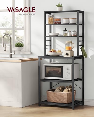 Image of VASAGLE Coffee Bar, 23.6 Inches Baker's Rack for Kitchen with Storage, 6-Tier Kitchen Shelves with 6 Hooks, Microwave Stand, Industrial, Charcoal Gray and Ink Black UKKS024B22
