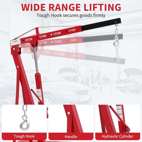 Image of 2-Ton Folding Engine Hoist Cherry Picker 44 Lb Capacity Hydraulic Shop Crane with Telescoping Boom 6 Caster Wheels for Automotive Repair Garage Use Includes Hitch and Storage Stand Red