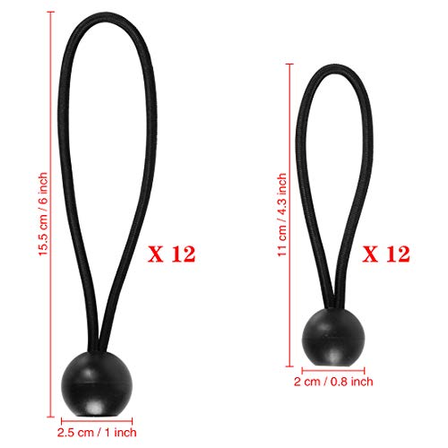 JINSEY Premium Ball Bungee Cords 4 Inch and 6 Inch 24 Packs,Canopy Tarp Tie Down Cord Black,Black Tie Down Cords for Tarp
