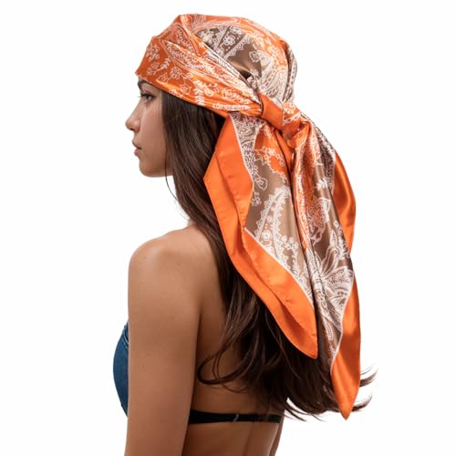 RIIQIICHY Head Scarf for Women Like Silk Scarf Hair Scarf Printed Square Scarf Bandanas for Women 35 Inches Taupe/Orange/White