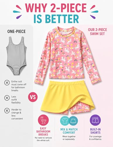 Image of Liberty Pro Girls Two Piece Swimsuits Long Sleeve Rash Guard Set, UPF 50+ Bathing Suit with Swim Shorts for Toddler and Teens