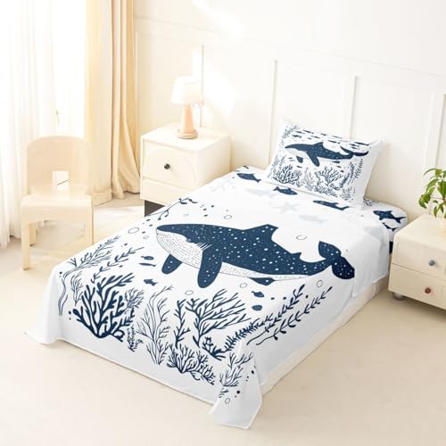 Image of jejeloiu Dolphin Bed Sheets Sets Queen Size Kids Boys Girls Sea World Bedding Set Summer Bed Sheet Set with 16-Inch Deep Pockets Tropical Ocean 4Pcs with 2 Pillow Cases
