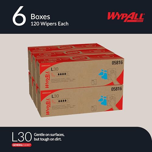 Image of WypAll GeneralClean L30 Cloths Heavy Duty Cleaning Wipes (05816), Pop-Up Box, Strong and Soft Bulk Paper Wipers, White (6 Packs of 120 Sheets, 720 Sheet Total)