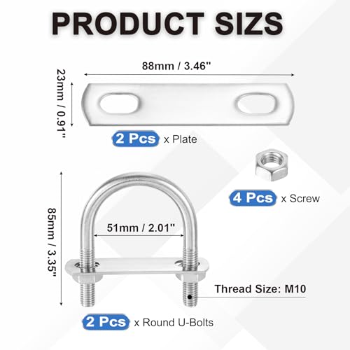 Image of PATIKIL Round U-Bolts, 2 Pcs 2.01 inch(51mm) Inner Width 85mm Length M10 with Nut Plate Washer 304 Stainless Steel Round Bend U-Bolts for Boat Trailer Axle Sailboat