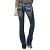Miss Me Women's Loose Saddle Stitch Border Boot Cut Jean, Dark Blue, 34W x 32L