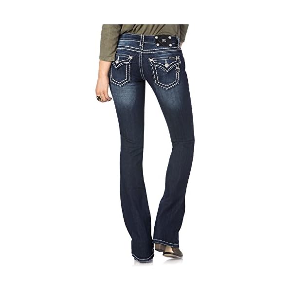 Miss Me Women's Loose Saddle Stitch Border Boot Cut Jean, Dark Blue, 34W x 32L