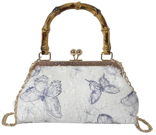 Bamboo Handle Handbag Women Elegant Kiss Lock Clutch with 3D Butterfly Embroidery Crossbody Purse Chinese Style